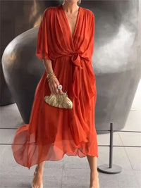 Robe Longue Femme en Mousseline de Soie avec Décolleté en V – Élégance Intemporelle - Corail Rouge / S
